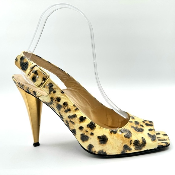 STUART WEITZMAN GOLD ANIMAL PRINTS SLING BACK HEELS OPEN TOE SHOE PATENT LEATHER - Picture 3 of 15